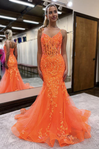 Cute Mermaid V Neck Orange Sequins Tulle Long Prom Dresses