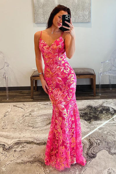 Stunning Mermaid Fuchsia V Neck Sequins Long Prom Dress AB4032504