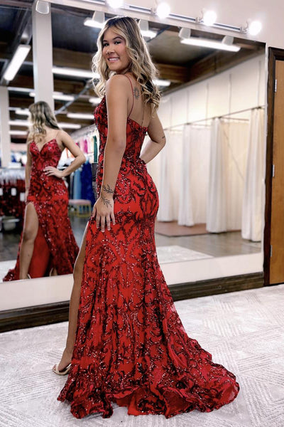 Charming Mermaid V Neck Red Sequins Long Prom Dresses with Slit AB100202