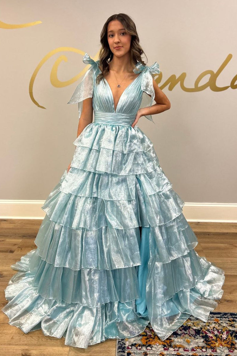 Charming A Line V Neck Ruffle Tiered Prom Dress with Bow AB4050802