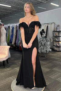 Cute Mermaid Off the Shoulder Black Lace Long Prom Dress with Feather AB24121413