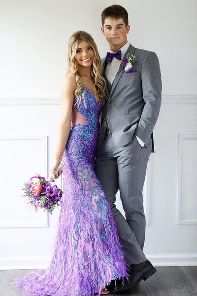 Mermaid V Neck Purple Sequins Long Prom Dress wirh Feather AB4060205