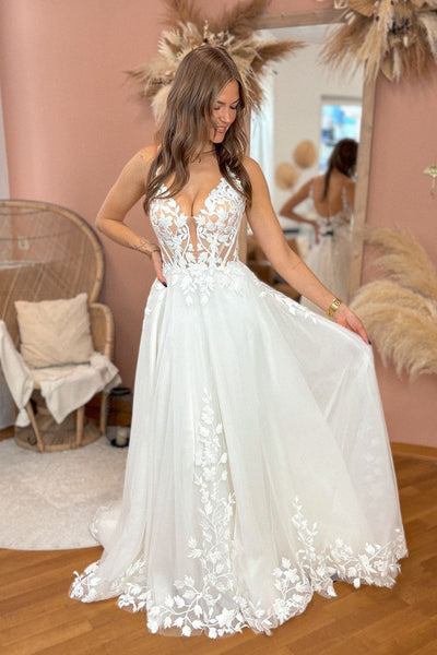 Fairy A Line V Neck Tulle Lace Wedding Dresses AB24102317