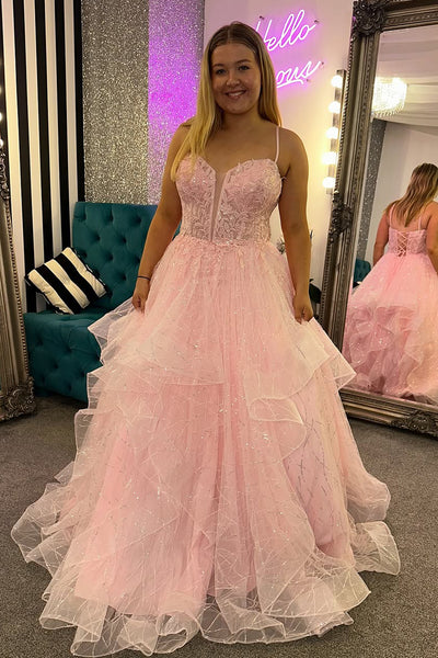 Gorgeous A Line V Neck Pink Ruffled Tulle Prom Dress with Appliques AB24122405