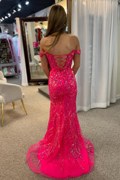 Cute Mermaid Off the Shoulder Hot Pink Sequins Lace Prom Dress with Slit AB25011502