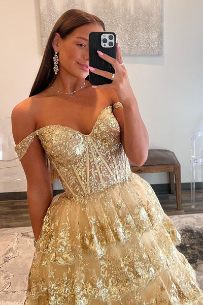 Sparkly A Line Sweetheart Gold Sequins Long Prom Dresses AB101901