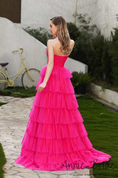 Cute Ball Gown Strapless Hot Pink Tiered Tulle Prom Dress AB24121207