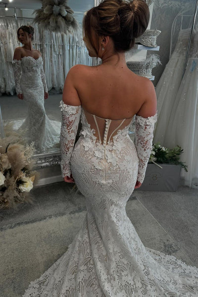 Elegant Mermaid Sweetheart Lace Long Bridal Dresses with Long Sleeves AB24110814