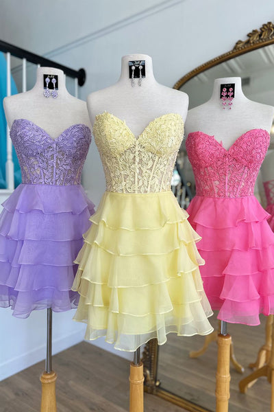 Cute A Line Sweetheart Daffodial Chiffon Tiered Short Homecoming Dresses AB24071307