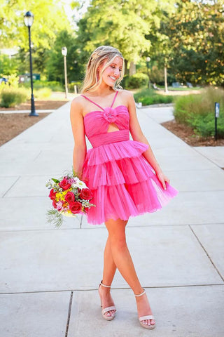 Cute A Line Straps Pink Tulle Short Homecoming Dresses AB24092305