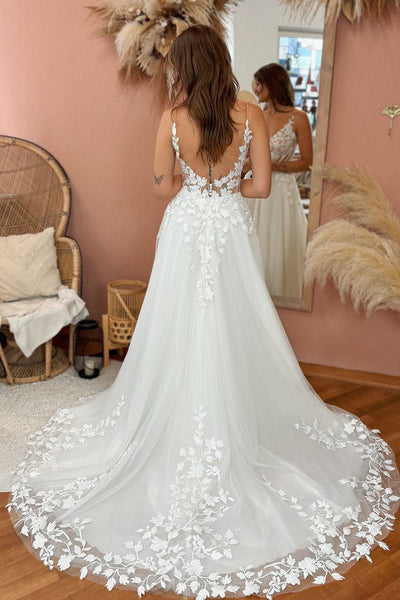 Fairy A Line V Neck Tulle Lace Wedding Dresses AB24102317