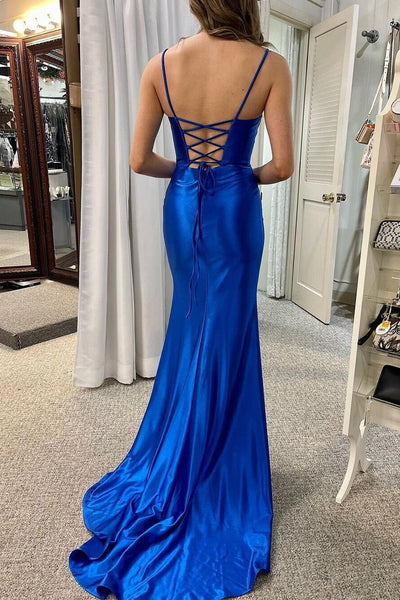 Simple Mermaid Scoop Neck Royal Blue Satin Long Prom Dresses with Slit AB4022905