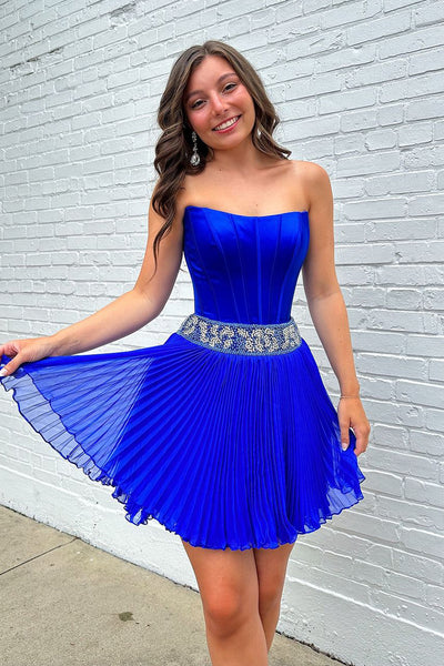 Cute A Line Strapless Royal Blue Chiffon Short Homecoming Dresses with Beading AB241013