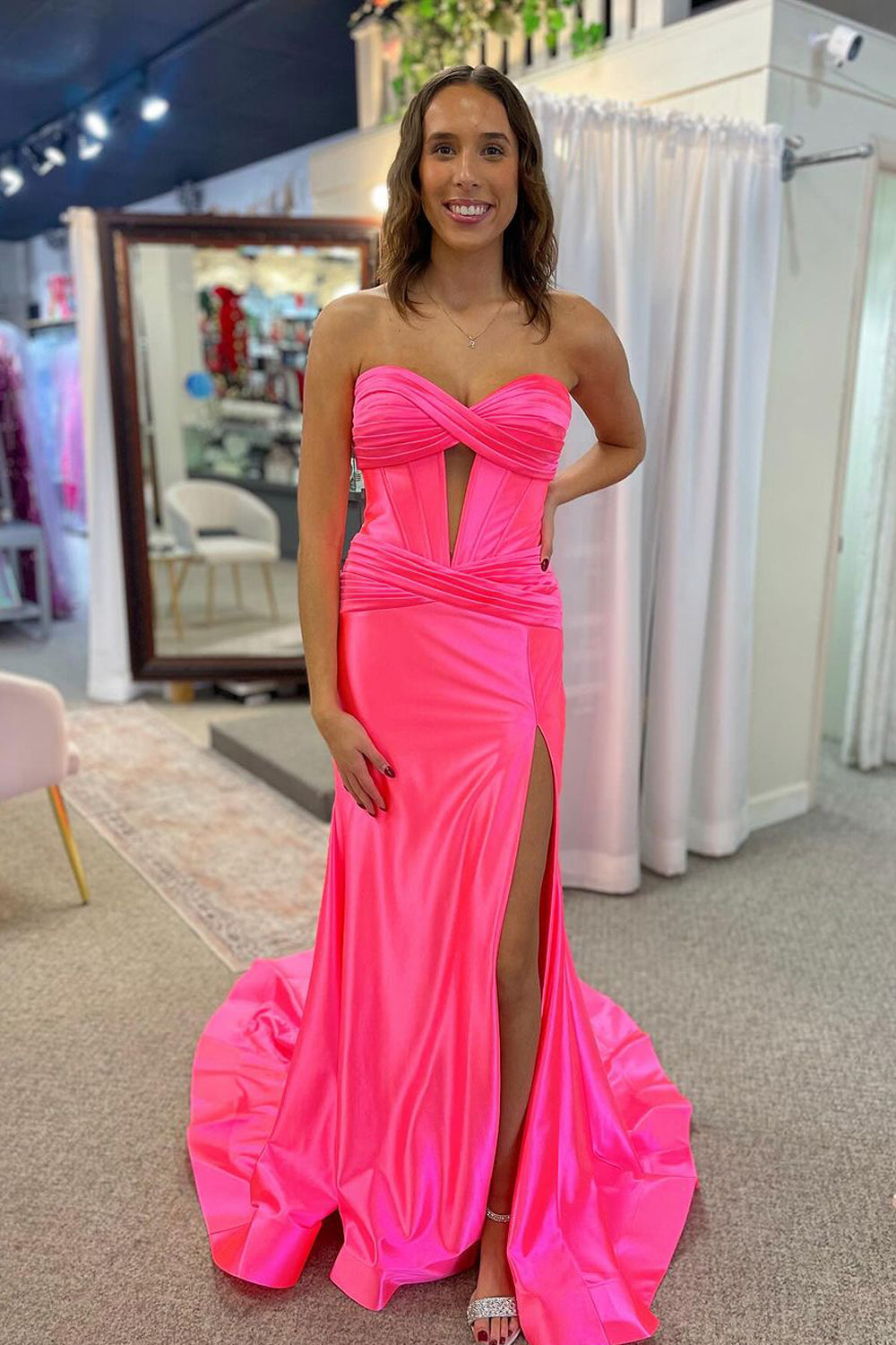 Charming Mermaid Sweetheart Pink Satin Long Prom Dresses with Slit AB24112215