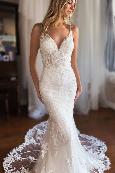 Charming Mermaid V Neck Lace Wedding Dresses with Appliques AB24102501