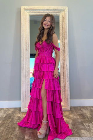 Gorgeous A Line Off the Shoulder Fuchsia Tiered Satin Long Prom Dress with Beading