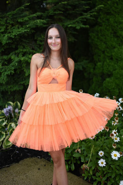 Cute A Line Straps Orange Tulle Short Homecoming Dresses AB24081802