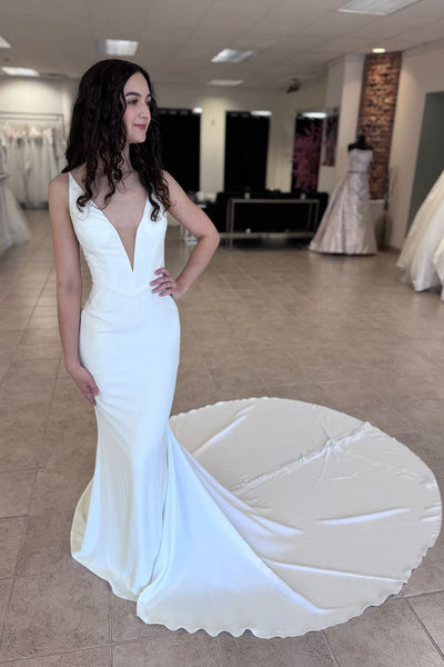 Elegant Mermaid V Neck Elastic Satin Long Bridal Dresses AB2411110