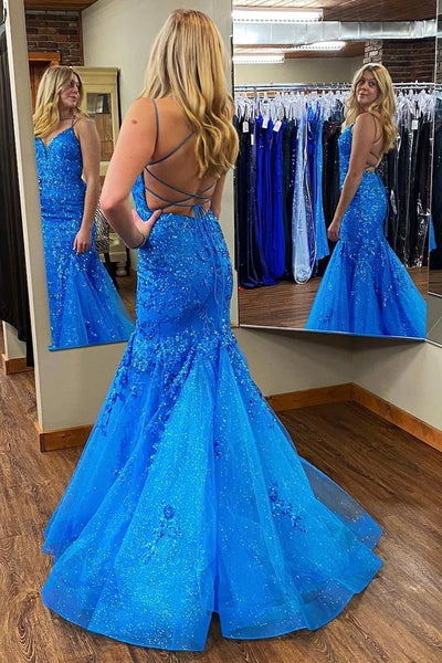 Charming Mermaid V Neck Royal Blue Sequins Long Prom Dresses AB24101701