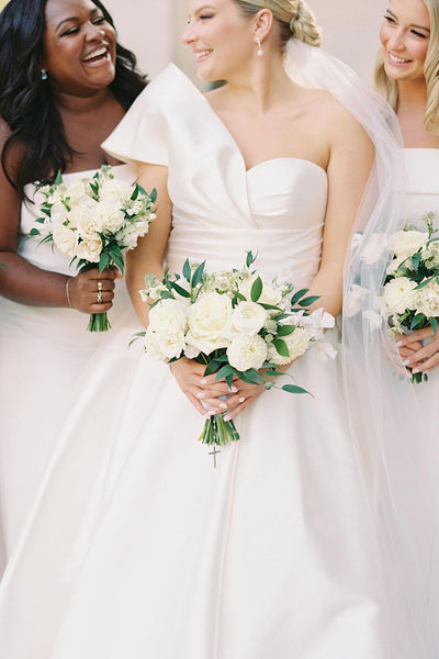 Elegant One Shoulder White Satin Wedding Dresses with Train AB4051101