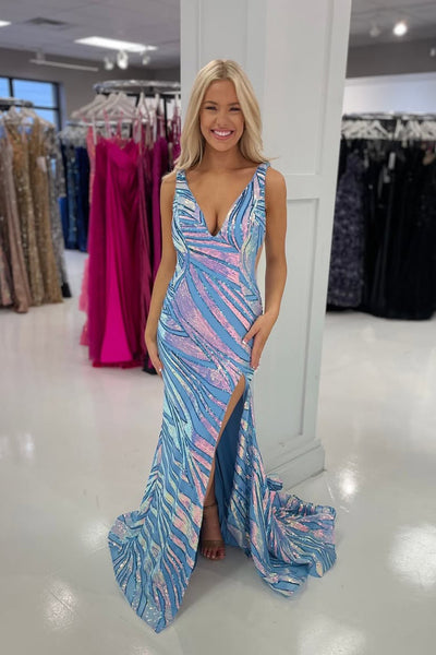 Cute Mermaid V Neck Light Blue Sequins Slit Prom Dress AB24123003