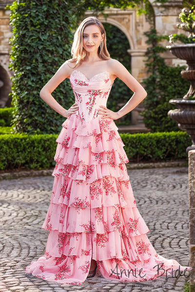 Fairy A Line Sweetheart Floral Printed Chiffon Tiered Long Prom Dress with Slit AB24122709