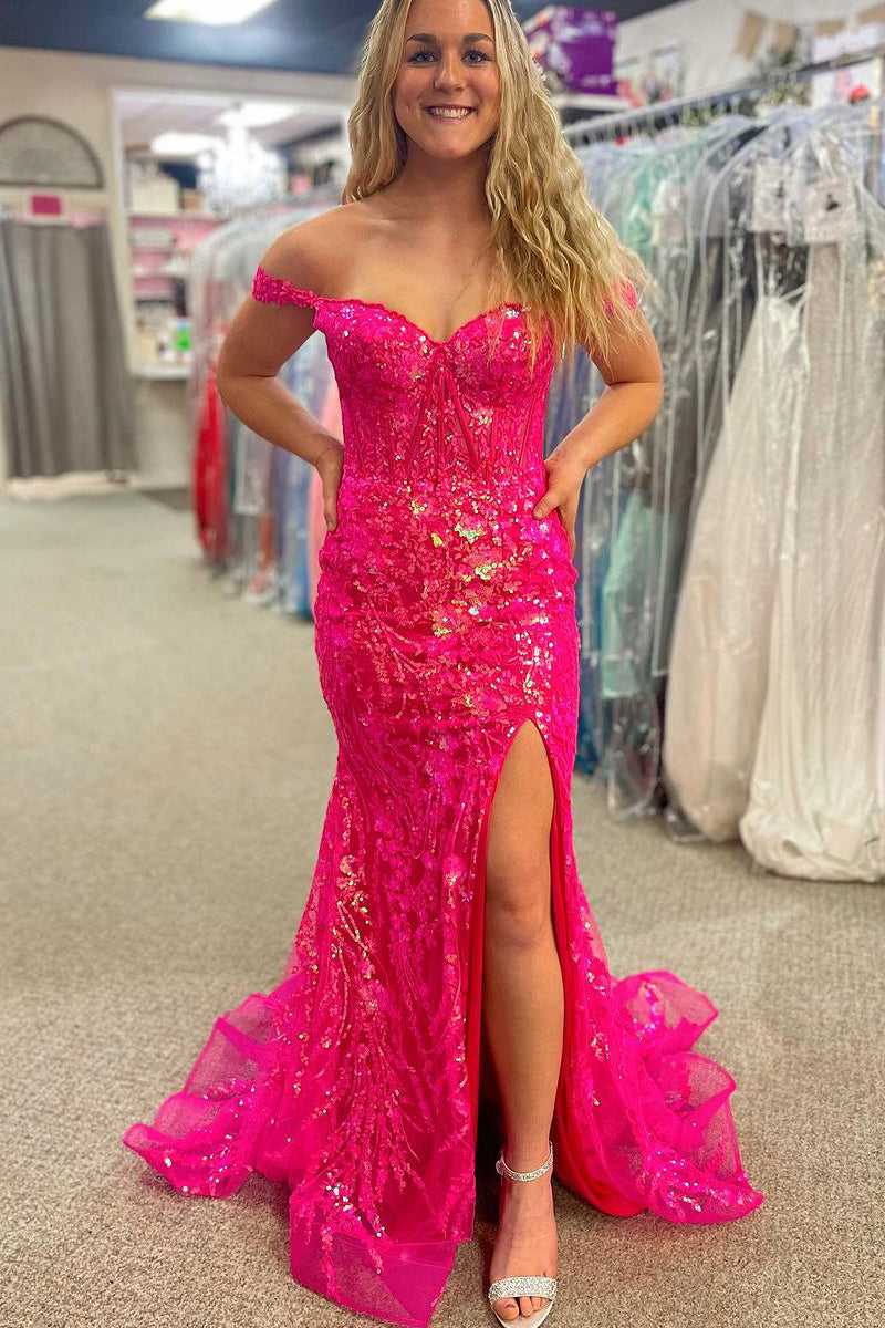 Cute Mermaid Sweetheart Hot Pink Sequins Lace Prom Dresses with Slit AB111403