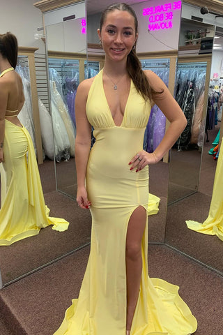 Charming Mermaid Halter Yellow Kntting Satin Long Prom Dress with Slit AB24121602