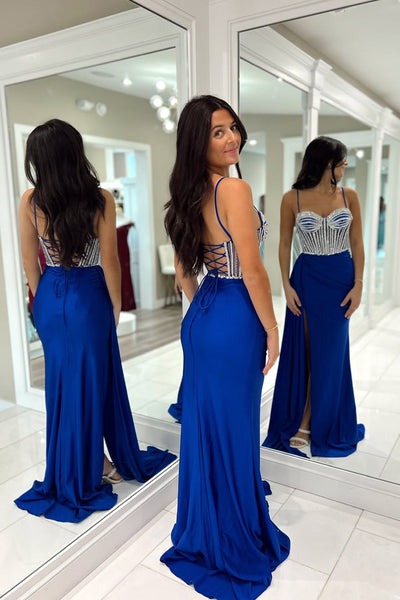 Cute Mermaid Sweetheart Neck Royal Blue Satin Prom Dress with Beading AB25010602