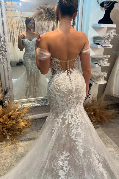 Romantic Mermaid Off the Shoulder Lace Tulle Wedding Dresses with Appliques AB24120915