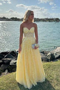 Cute A Line Sweetheart Daffodial Tulle Long Prom Dresses with Appliques AB24092603