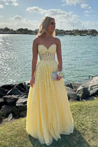 Cute A Line Sweetheart Daffodial Tulle Long Prom Dresses with Appliques AB24092603