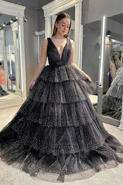 Sparkly A Line V Neck Black Ruffle Tiered Long Prom Dress with Beading AB4032201