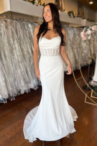 Elegant Mermaid Sweetheart Elastic Satin Long Bridal Dresses with Lace AB24110501