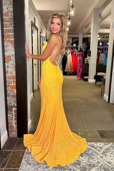 Mermaid Strapless Yellow Sequins Mermaid Long Prom Dress AB4040301