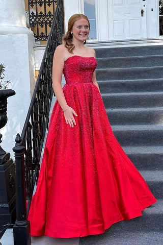 Cute Sparkly Ball Gown Red Satin Prom Dress with Beading AB100505