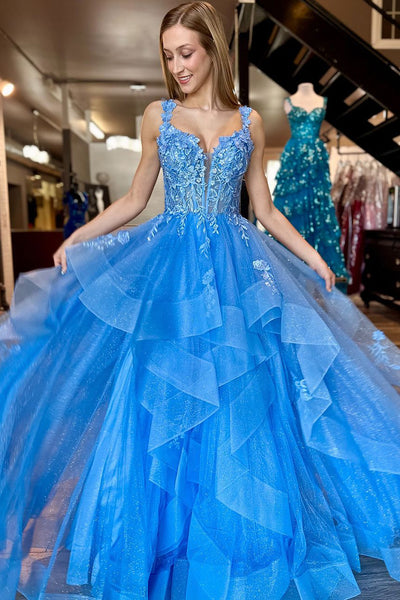 Cute A Line V Neck Blue Sparkly Tulle Prom Dress with Appliques AB24111107