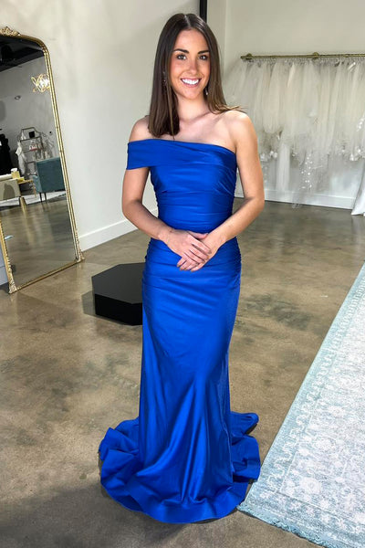 Charming Mermaid One Shoulder Royal Blue Satin Long Prom Dress AB24121704