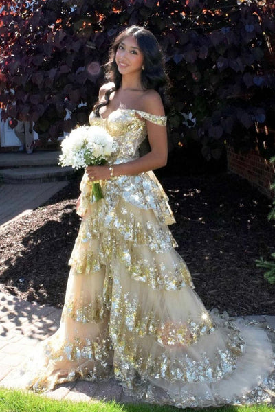 Sparkly Ball Gown Sweetheart Gold Sequins Long Prom Dresses AB24070302