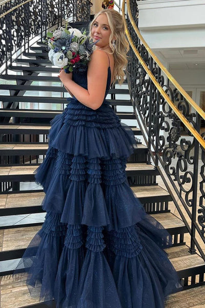 Dazzling A Line V Neck Ruffle Tiered Tulle Prom Dress with Slit AB4050705