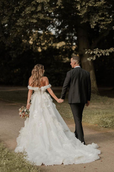 Gorgeous Ball Gown Off the Shoulder Tulle Slit Bridal Dresses with Appliques AB24111415