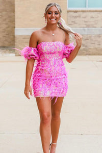 Gorgeous Bodycon Strapless Pink Sequins Short Homecoming Dresses with Feather AB24070603