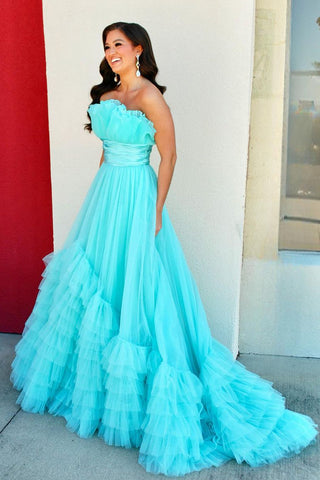 Cute Strapless Blue Ruffle Tiered Tulle Long Prom Dress AB4051701