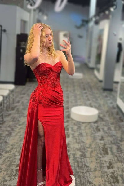 Cute Mermaid Sweetheart Red Satin Long Prom Dresses with Appliques AB24120612