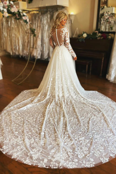 Gorgeous Ball Gown V Neck Lace Wedding Dresses with Long Sleeves AB25020201