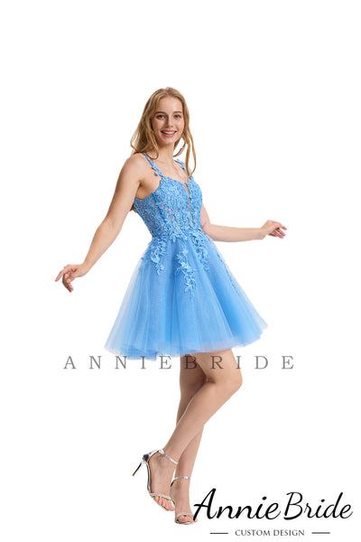 Cute A Line V Neck Blue Sparkly Tulle Short Homecoming Dresses with Appliques AB24071904