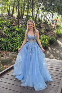 Cute A Line Sweetheart Blue Tulle Long Prom Dresses with Appliques AB24112217