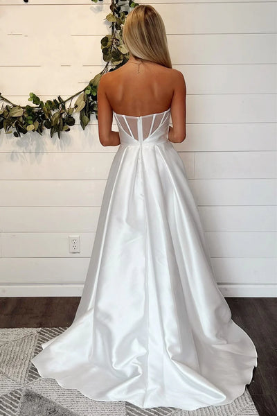 Simple A Line Cowl Neck Satin Long Slit Wedding Dresses AB24101904