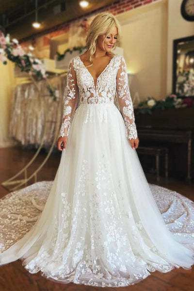 Gorgeous Ball Gown V Neck Lace Wedding Dresses with Long Sleeves AB25020201