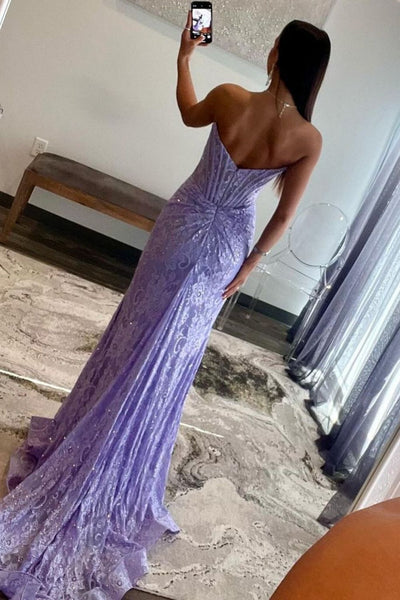 Lilac Mermaid Strapless Sweep Train Lace Prom Dress With Slit AB4040903